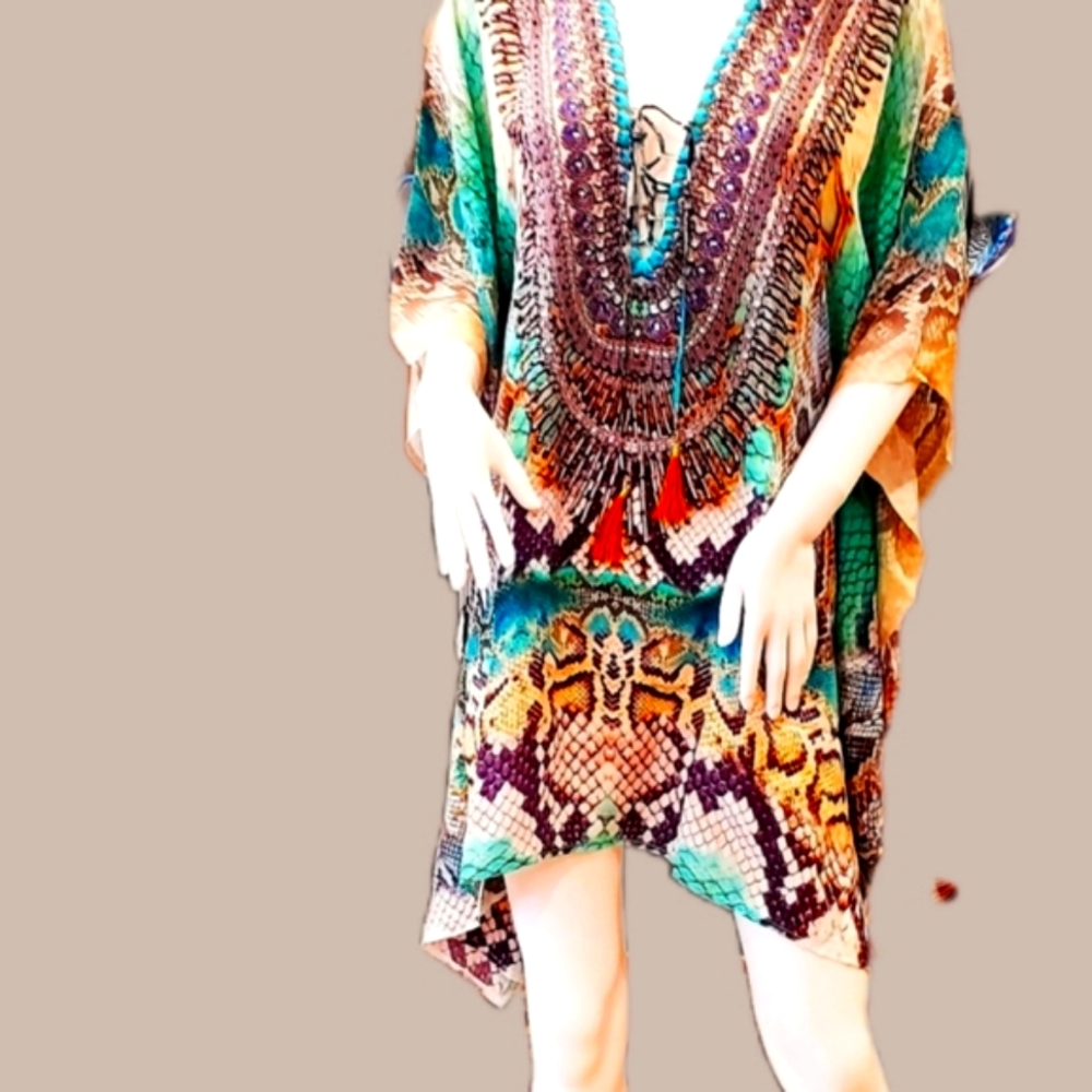 LAST ONE**Jsquad by MANISH VAID Rayon Python Lt.Turq. Kaftan Cover up NWT-M